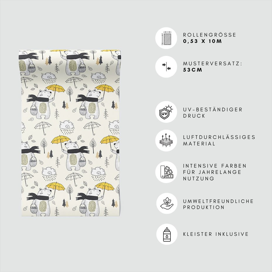 Tapeta - dziecięca, niedźwiedź, parasol, drzewo