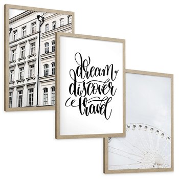 Zestaw obrazy w ramie, plakaty - budynek,typografia,koło - rama drewno