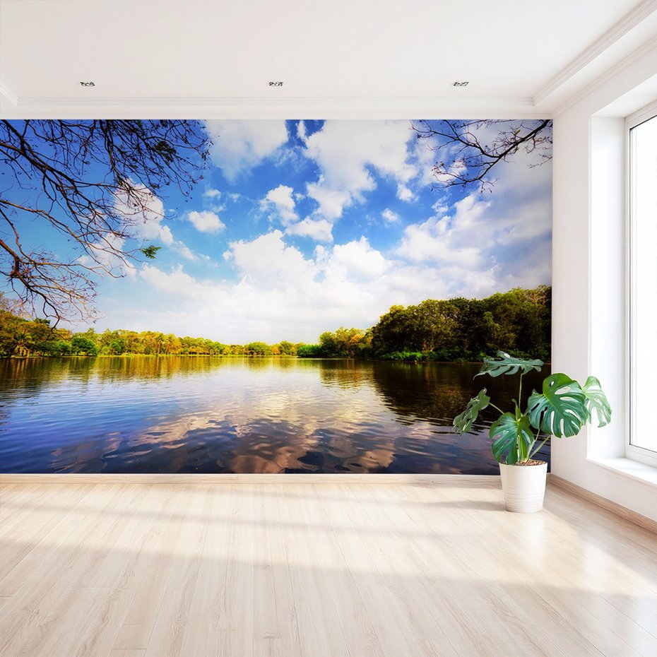 Fototapeta - jezioro, las, niebo