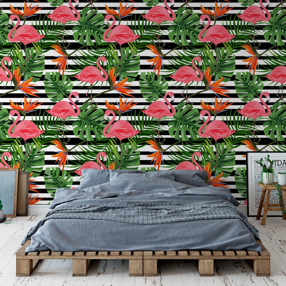 Tapeta - flamingi, liście, kwiaty