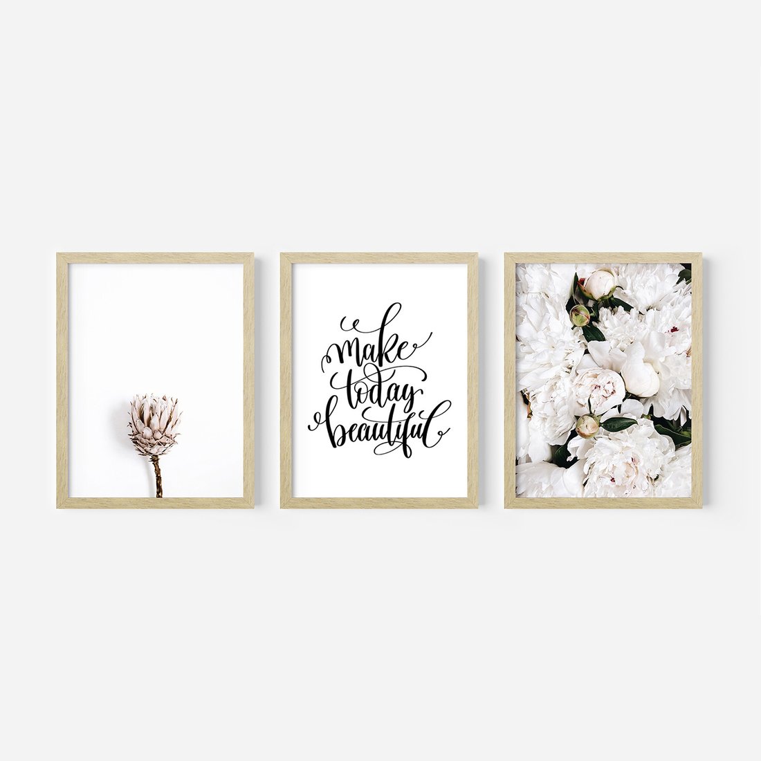 Zestaw obrazy w ramie, plakaty - kwiaty, napisy, protea - rama drewno