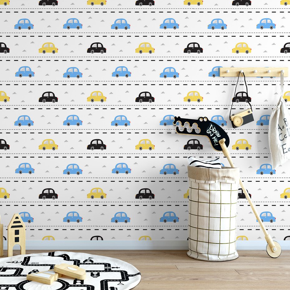 Tapeta - dziecięca, samochody, droga, wzór