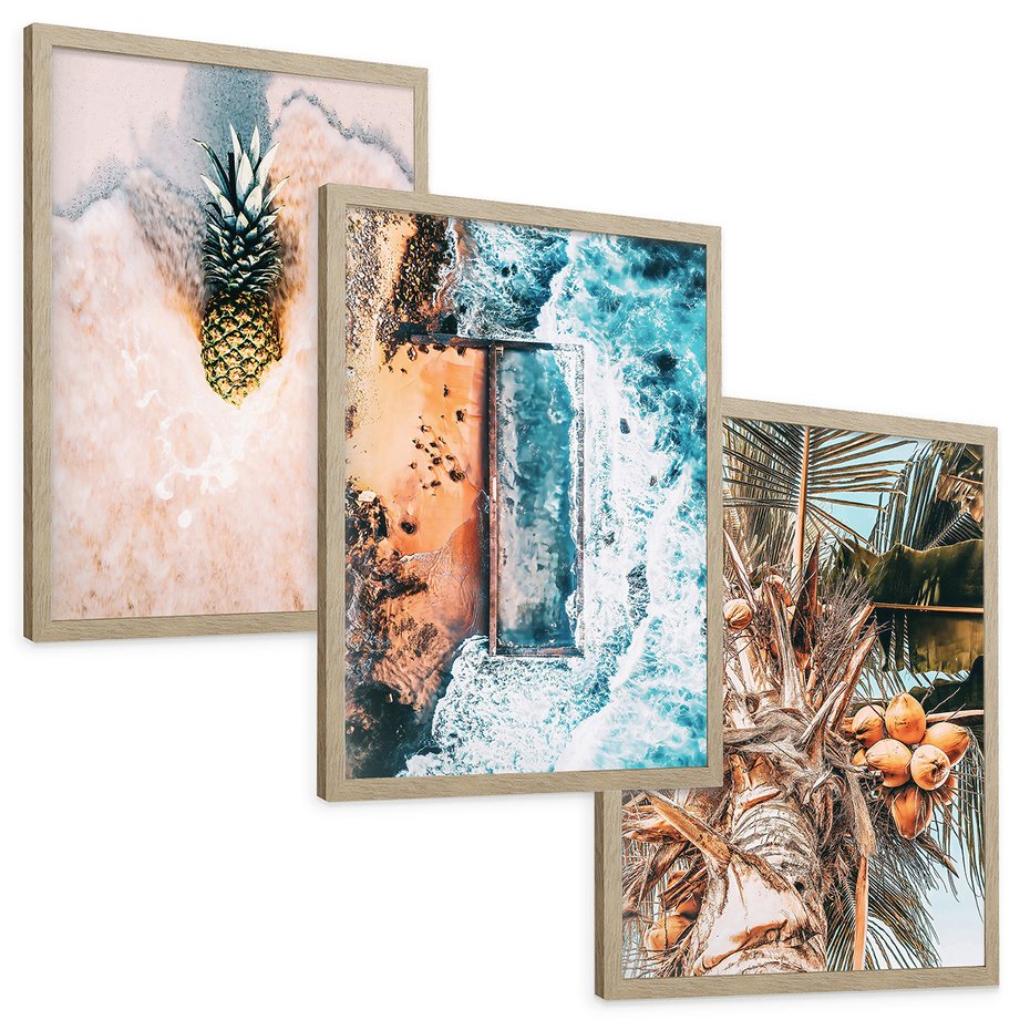 Zestaw obrazy w ramie, plakaty - ananas, plaża, kokosy - rama drewno