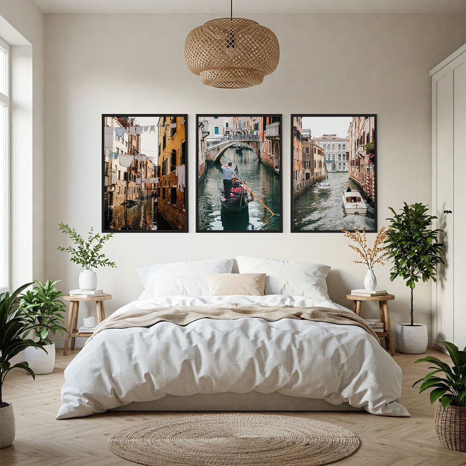 Zestaw obrazy w ramie, plakaty - Wenecja, gondola, kanał - rama czarna