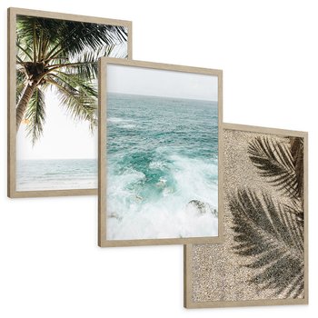 Zestaw obrazy w ramie, plakaty - palma, morze, cień - rama drewno