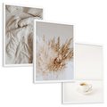 Zestaw obrazy w ramie, plakaty - beżowy, kawa, trawa - rama biała