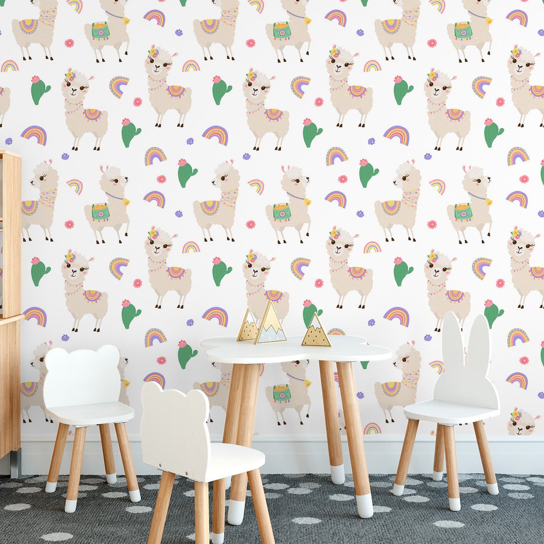 Tapeta - dziecięca, lama, kaktus, tęcza