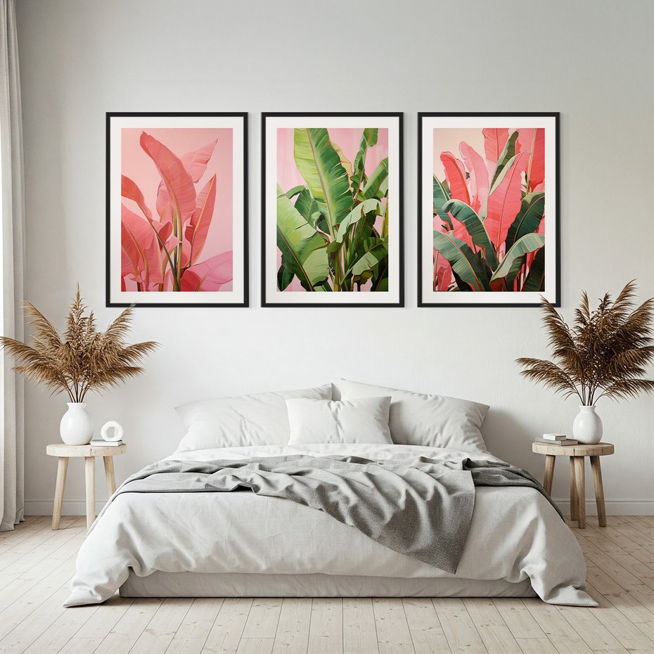 Zestaw obrazy w ramie, plakaty - liście, pastelowy, tropikalny - rama czarna