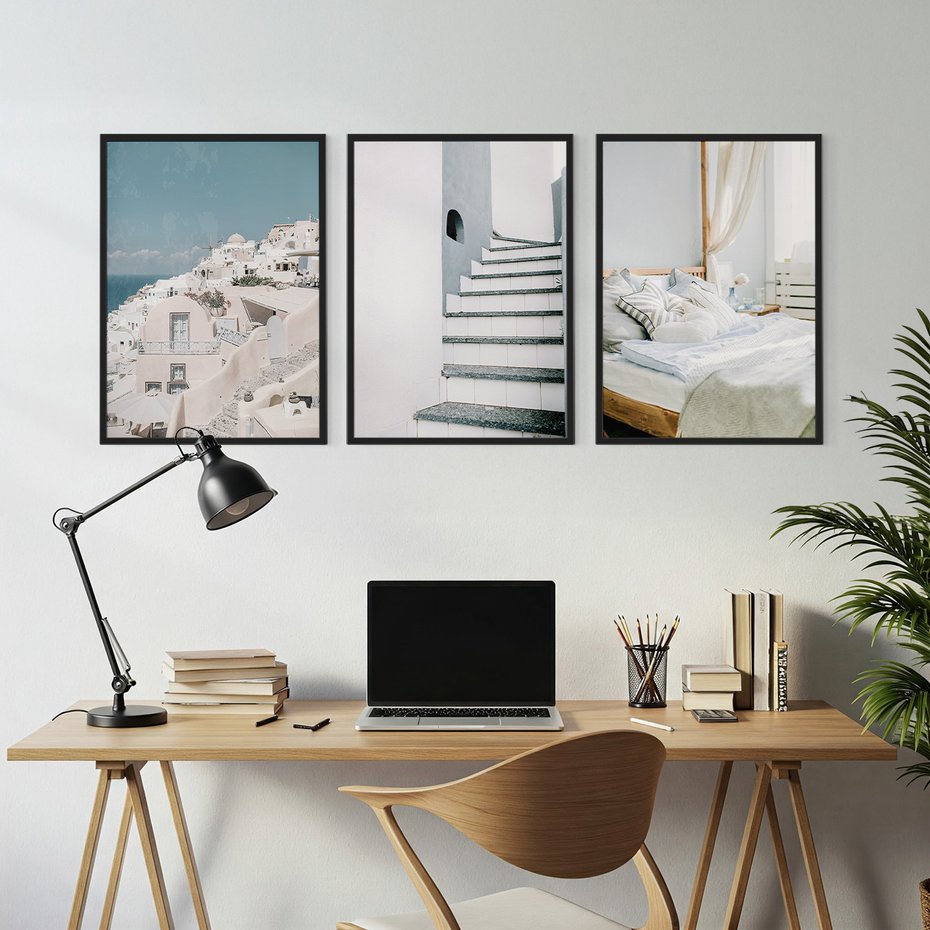 Zestaw obrazy w ramie, plakaty - budynki,schody,łóżko - rama czarna