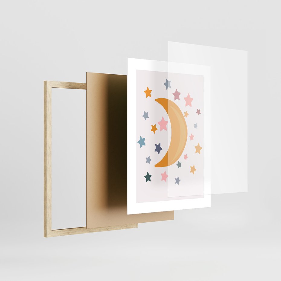 Zestaw obrazy w ramie, plakaty - gwiazdy, księżyc, tęcza - rama drewno