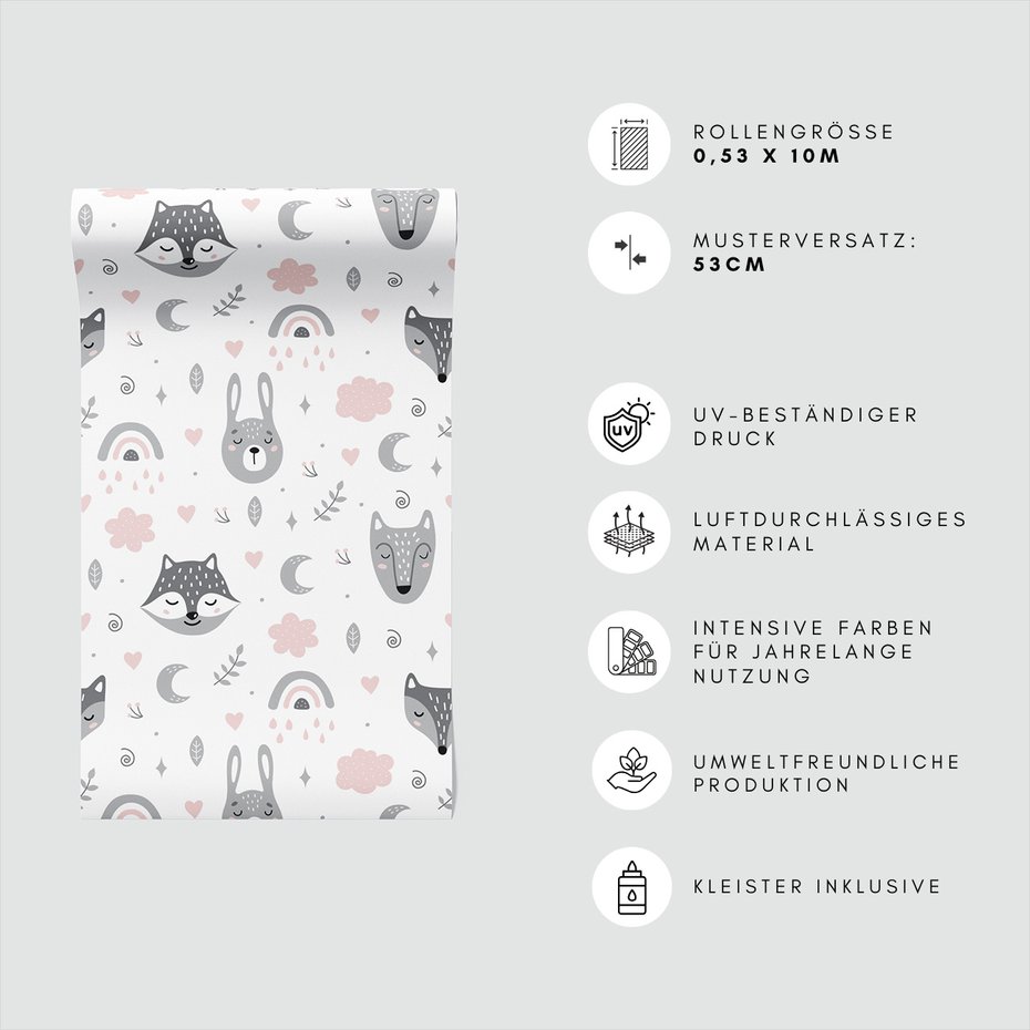 Tapeta - dziecięca, lisy, królik, chmury