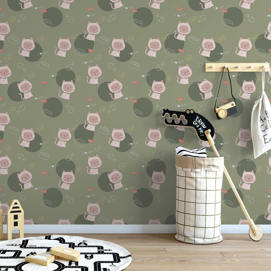 Tapeta - dziecięca, koty, miski, ryby