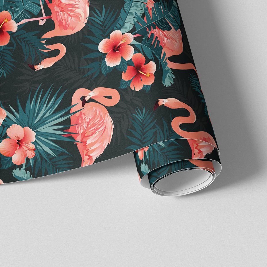Tapeta - flamingi, kwiaty, liście