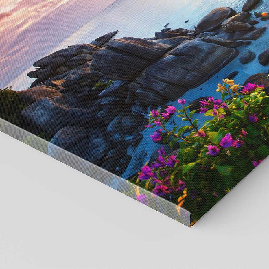 Obraz na płótnie - plaża, zachód słońca, kwiaty