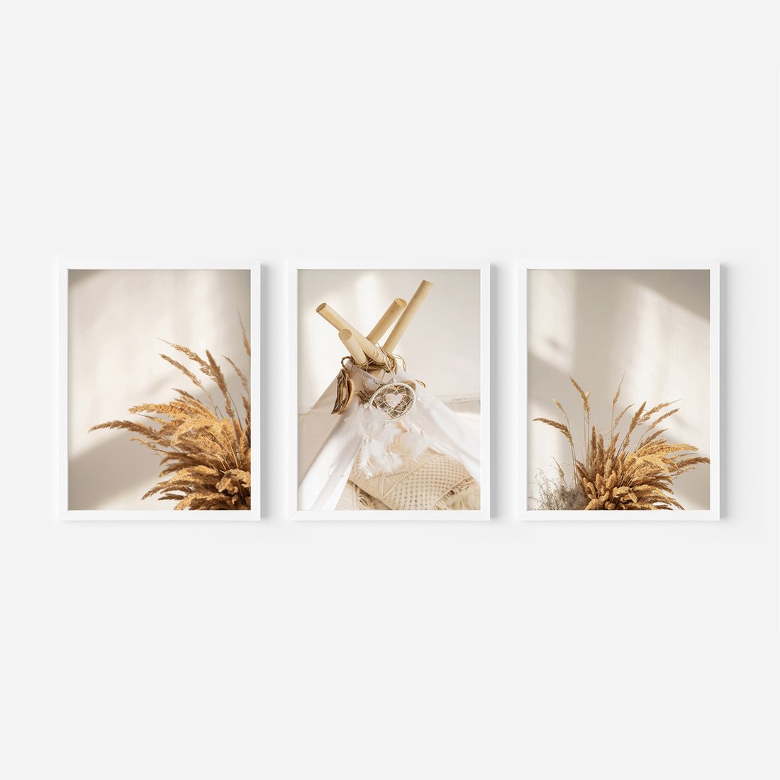 Zestaw obrazy w ramie, plakaty - trawa, dekoracja, pióra - rama biała