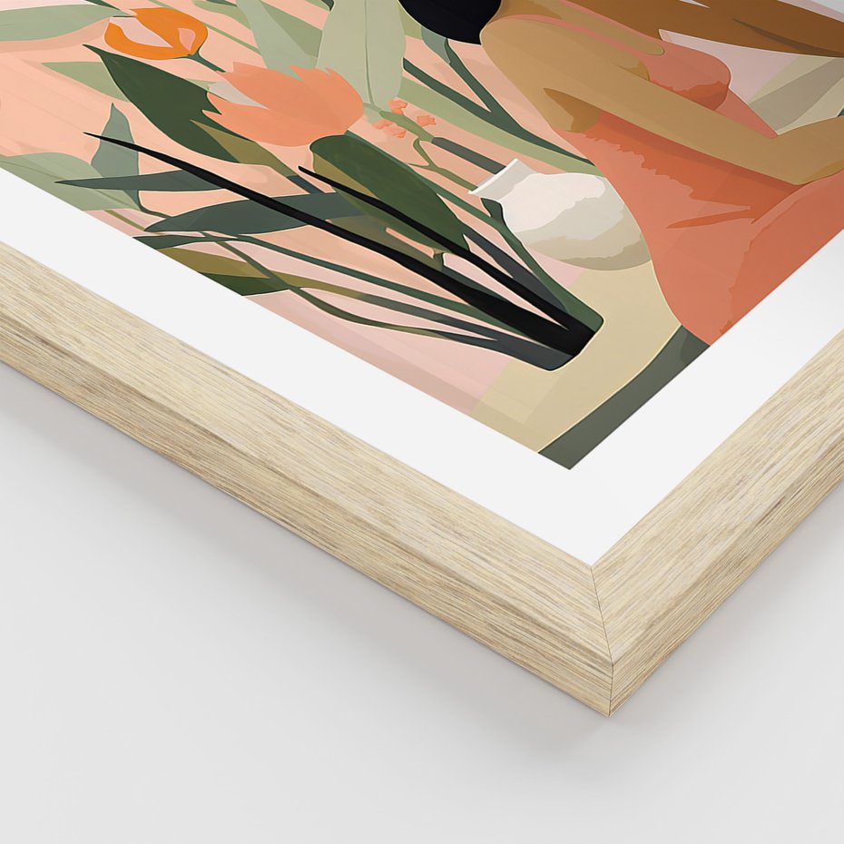 Zestaw obrazy w ramie, plakaty - kobieta, kwiaty, liście - rama drewno