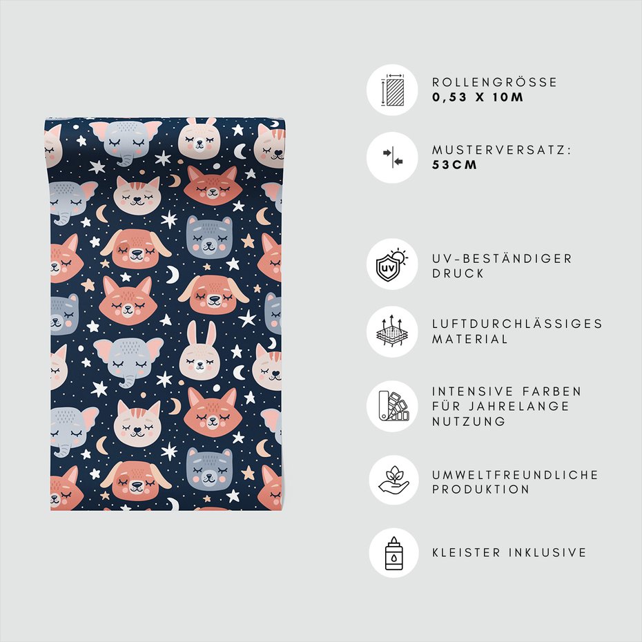 Tapeta - dziecięca, zwierzęta, gwiazdy, księżyc