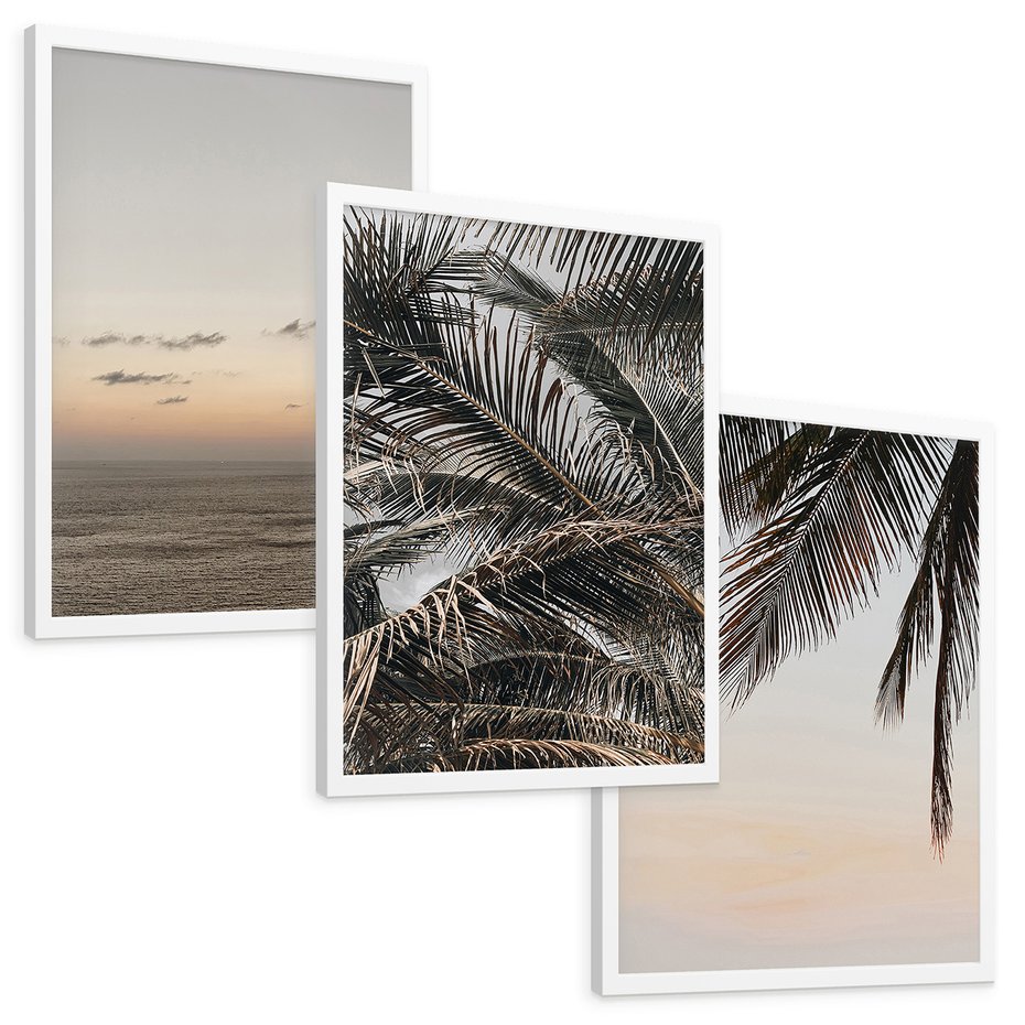Zestaw obrazy w ramie, plakaty - palmy, ocean, liście - rama biała
