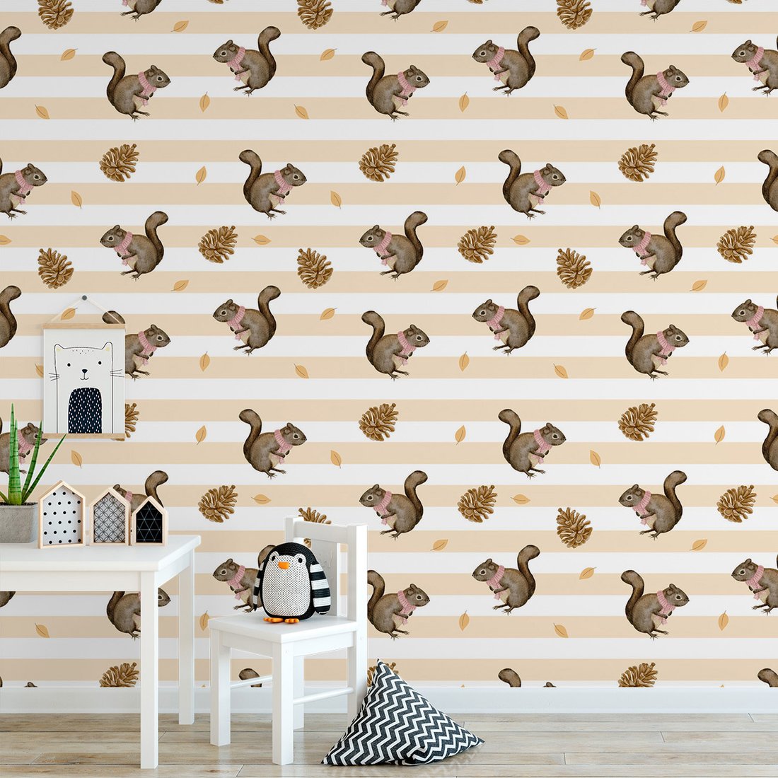 Tapeta - wiewiórka, szyszka, liść