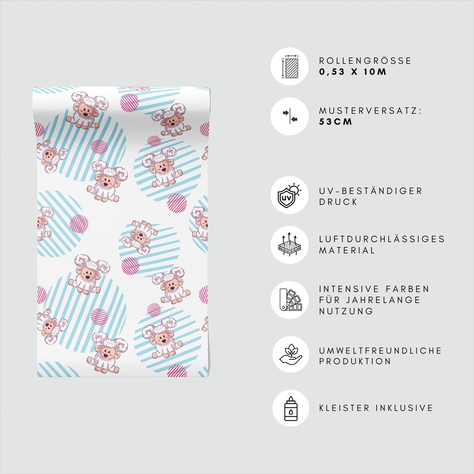 Tapeta - dziecięca, owca, paski, kółka