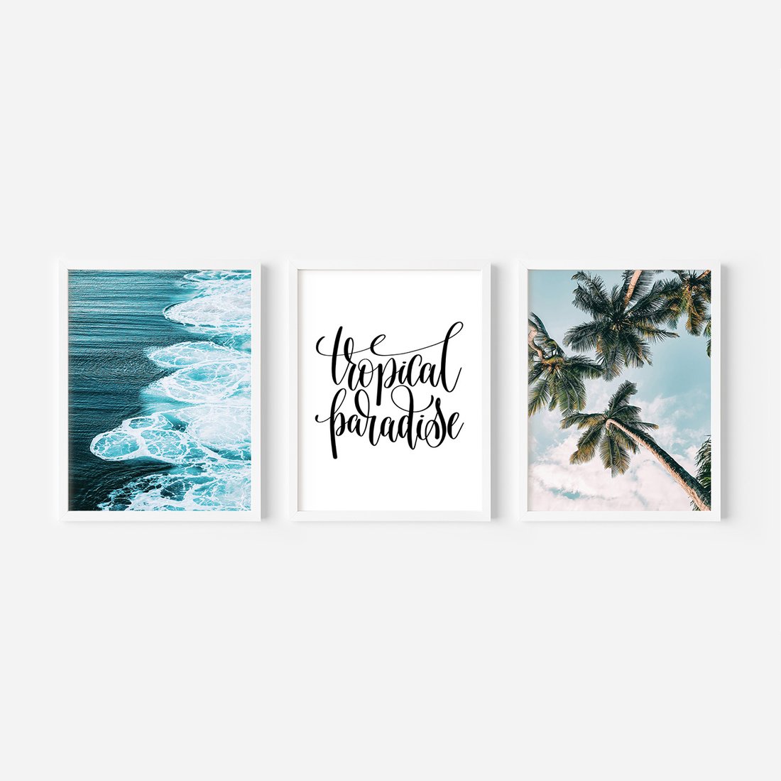 Zestaw obrazy w ramie, plakaty - tropikalny, morze, palmy - rama biała