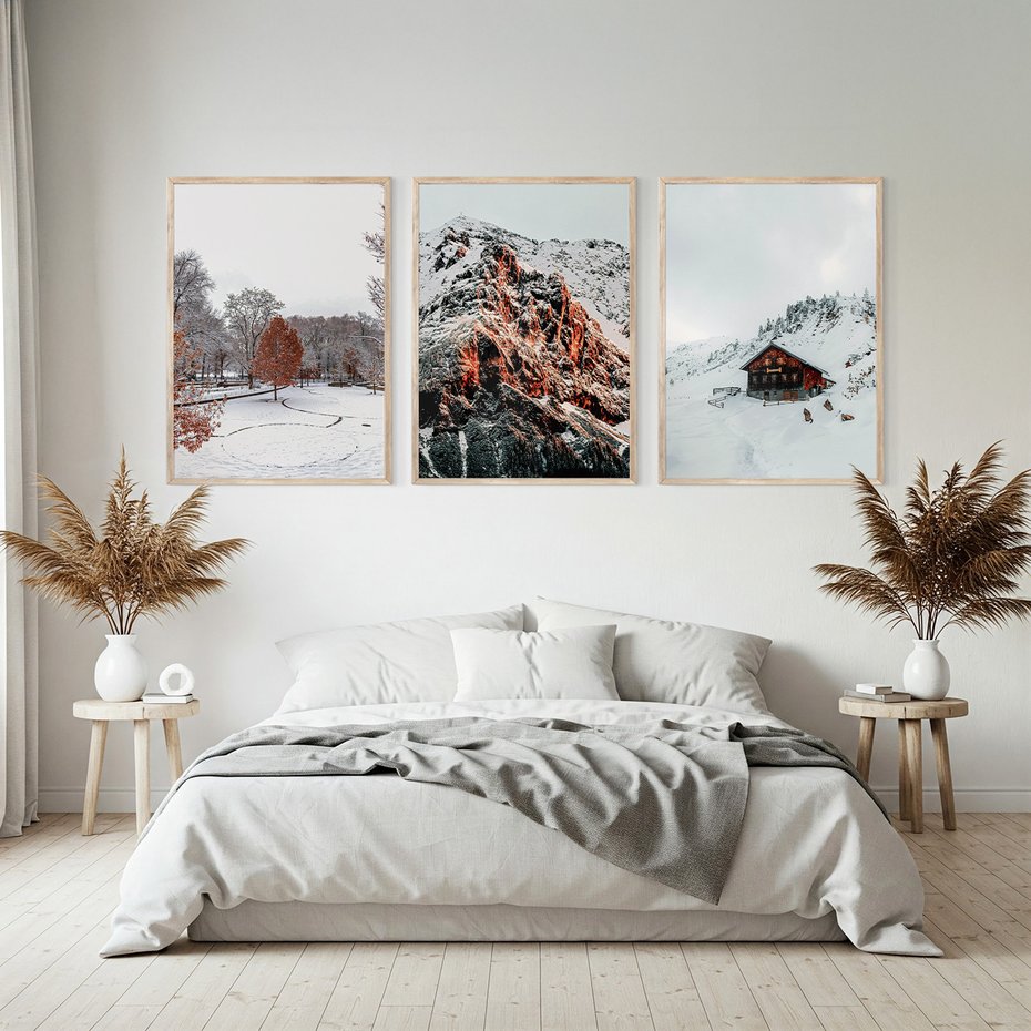 Zestaw obrazy w ramie, plakaty - zima, śnieg, góry - rama drewno