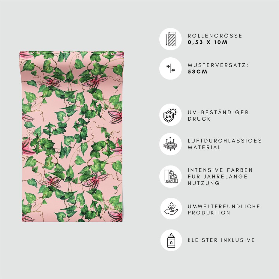 Tapeta - liście, pnącza, różowy