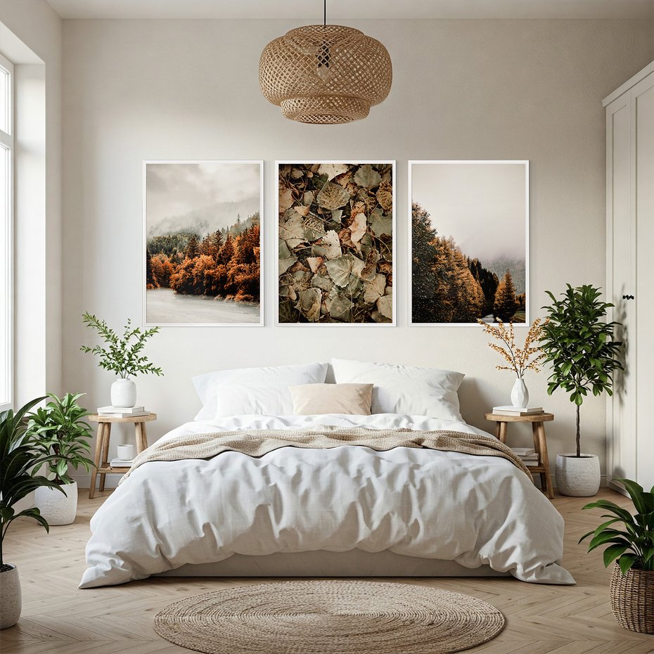 Zestaw obrazy w ramie, plakaty - jesień, las, liście - rama biała