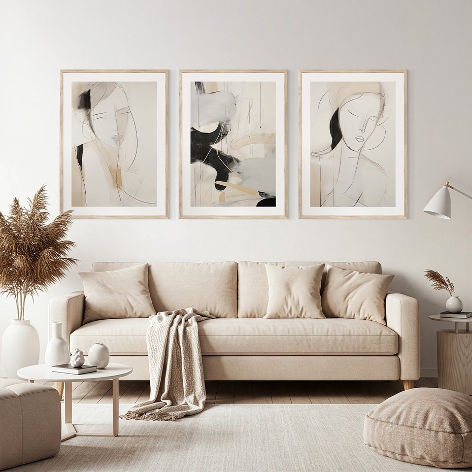 Zestaw obrazy w ramie, plakaty - abstrakcja, portret, minimalizm - rama drewno