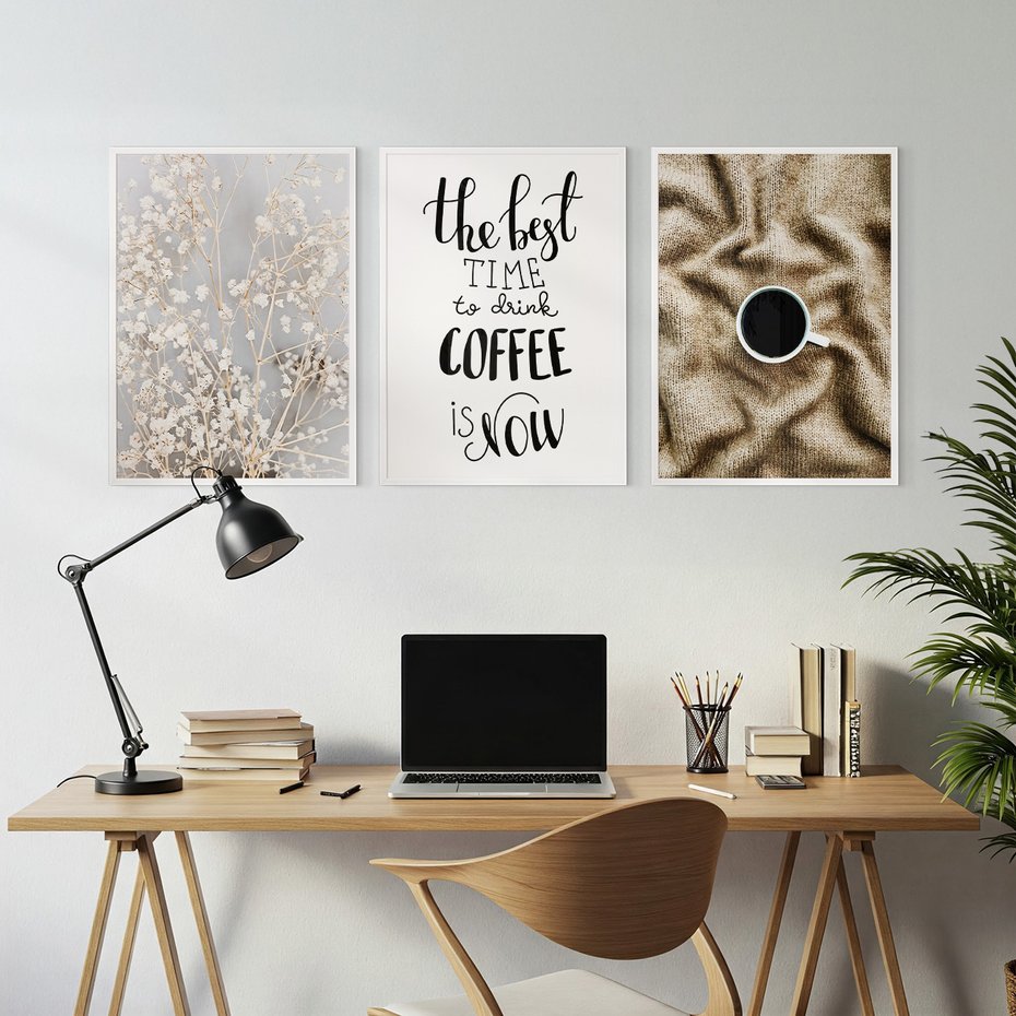 Zestaw obrazy w ramie, plakaty - kwiaty,kawa,tekst - rama biała