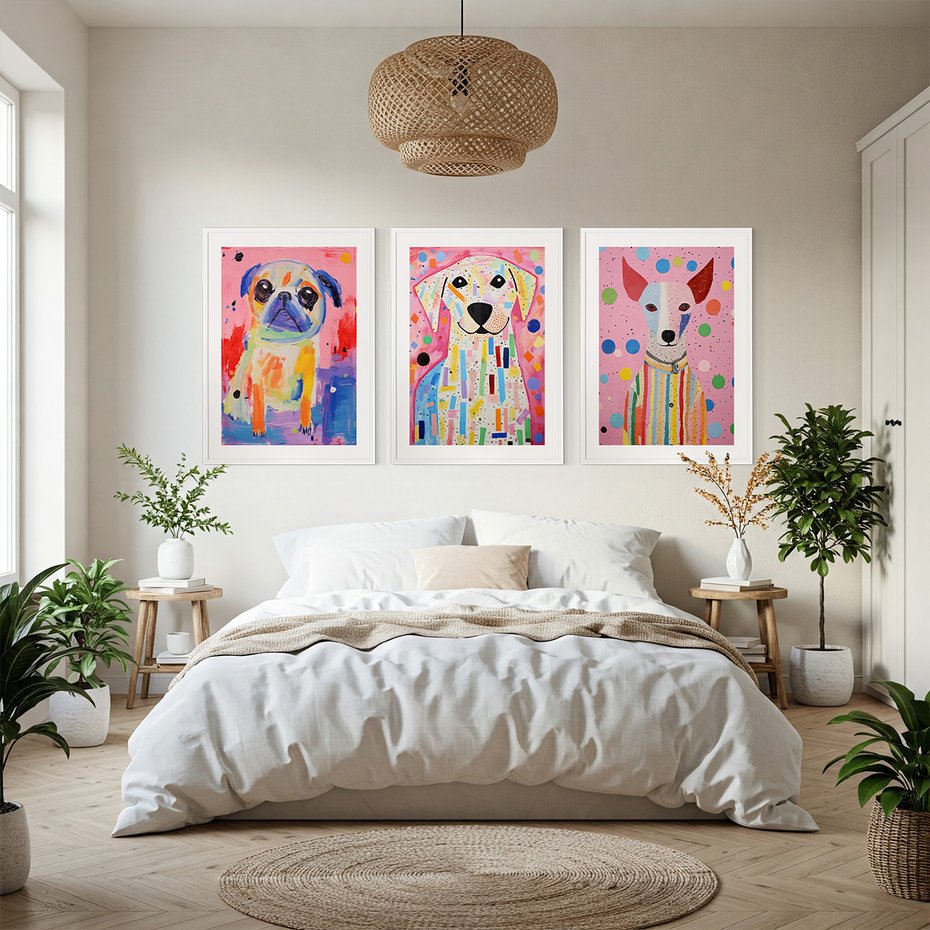 Zestaw obrazy w ramie, plakaty - zwierzęta, psy, kolorowe - rama biała