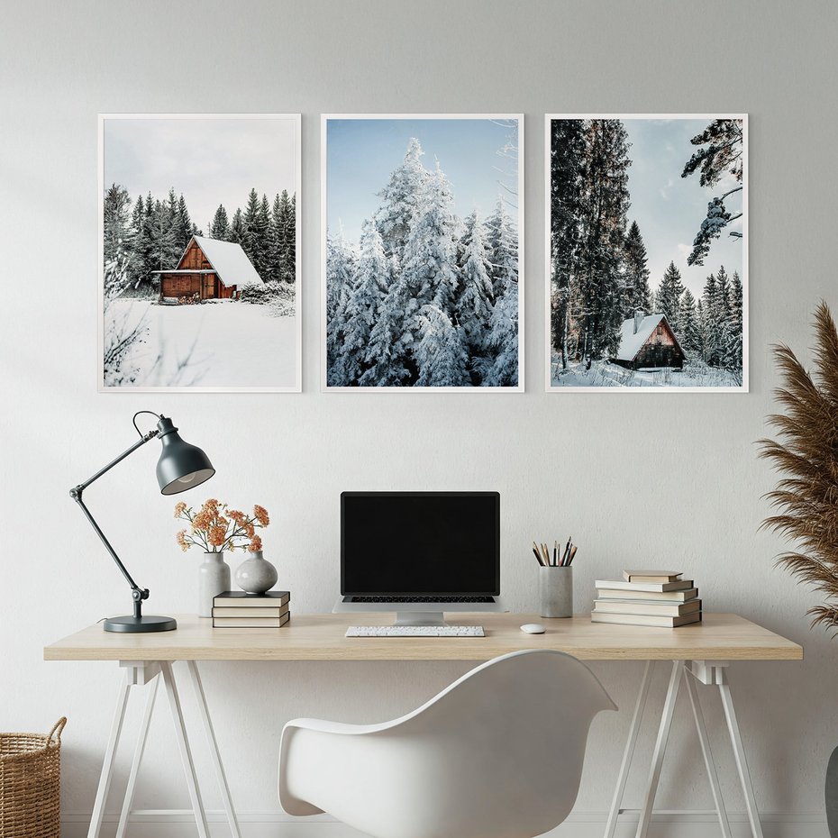 Zestaw obrazy w ramie, plakaty - zima, śnieg, drzewa - rama biała