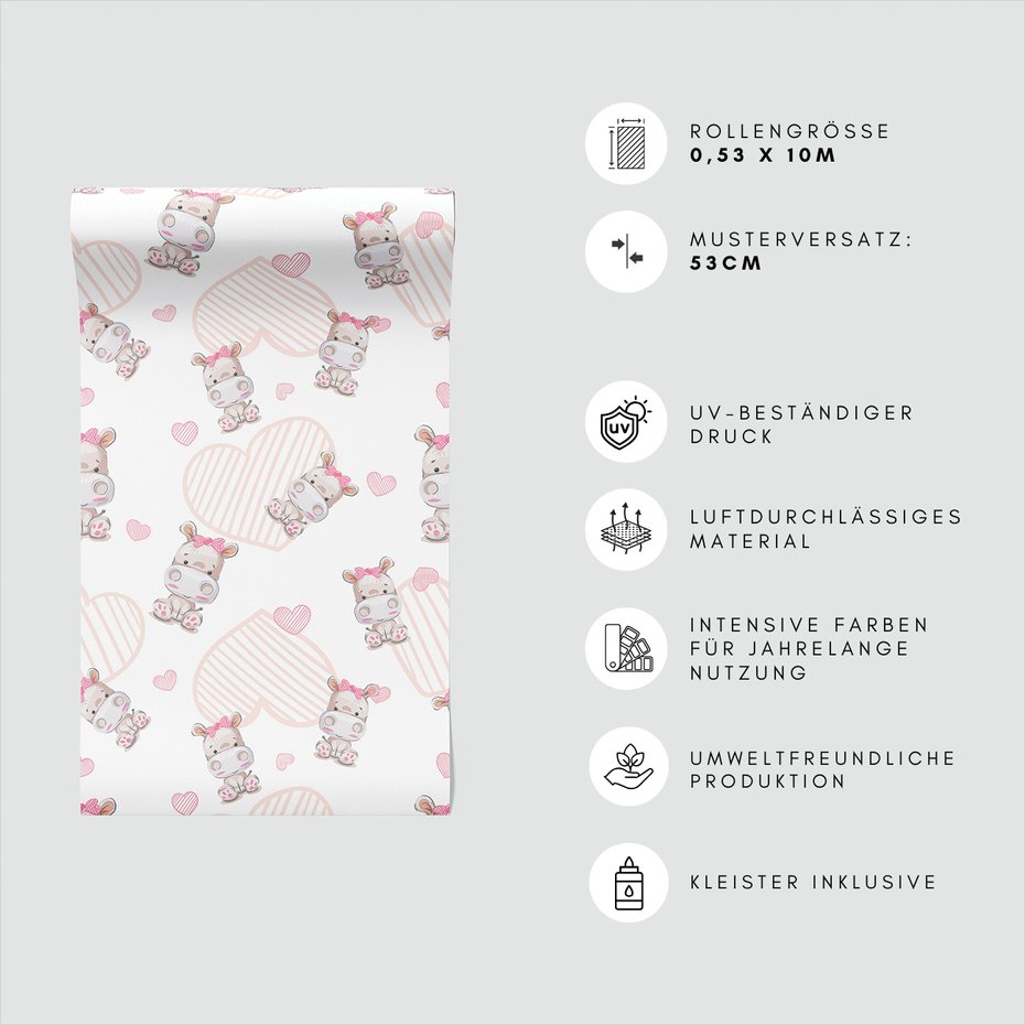 Tapeta - dziecięca, hipopotam, serca, kokardka