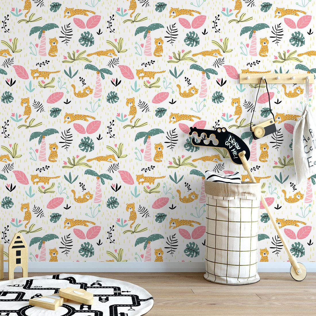 Tapeta - dziecięca, leopard, liście, palmy