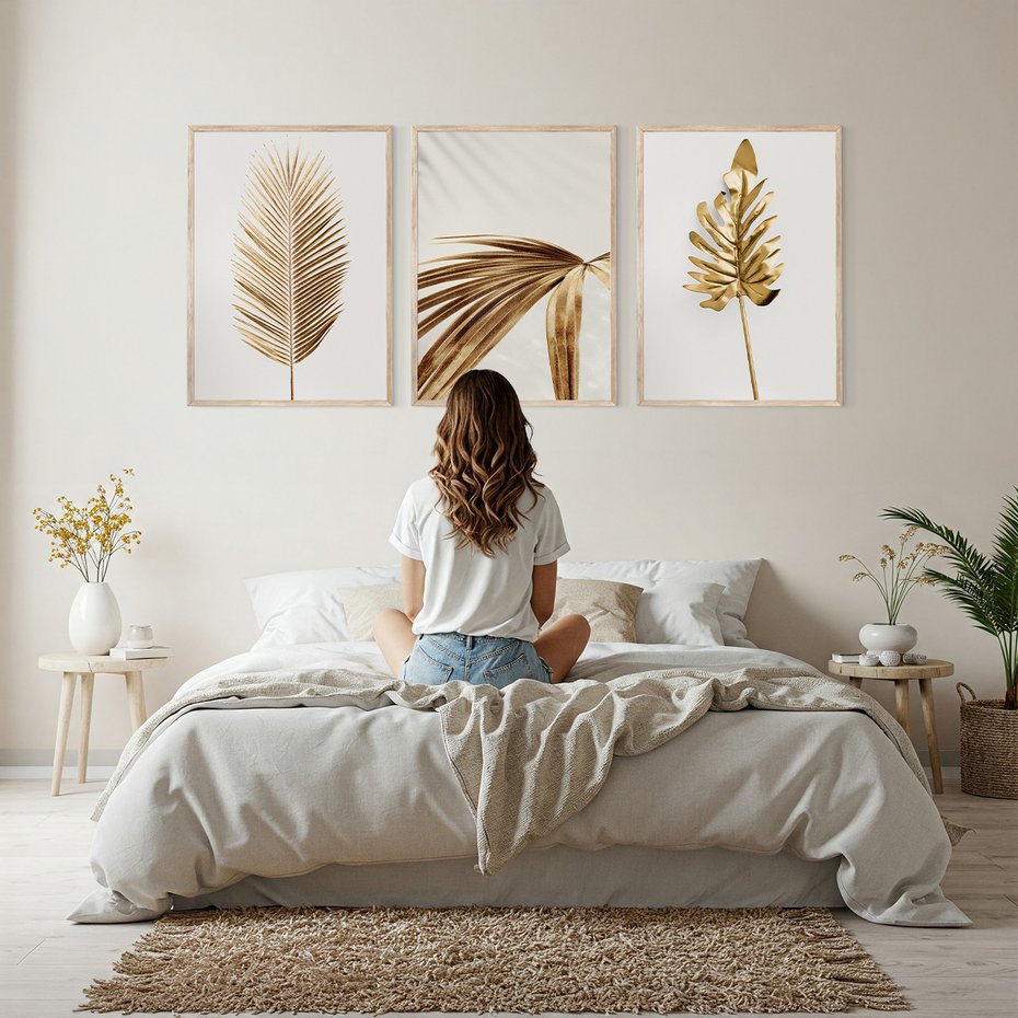 Zestaw obrazy w ramie, plakaty - liście, złoty, dekoracja - rama drewno