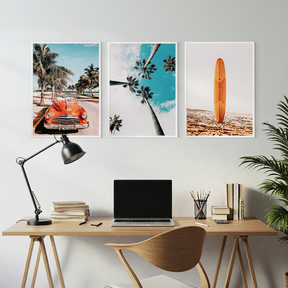 Zestaw obrazy w ramie, plakaty - palmy, plaża, wakacje - rama biała