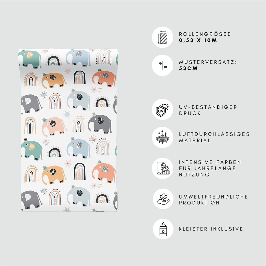 Tapeta - dziecięca, słonie, tęcze, gwiazdy