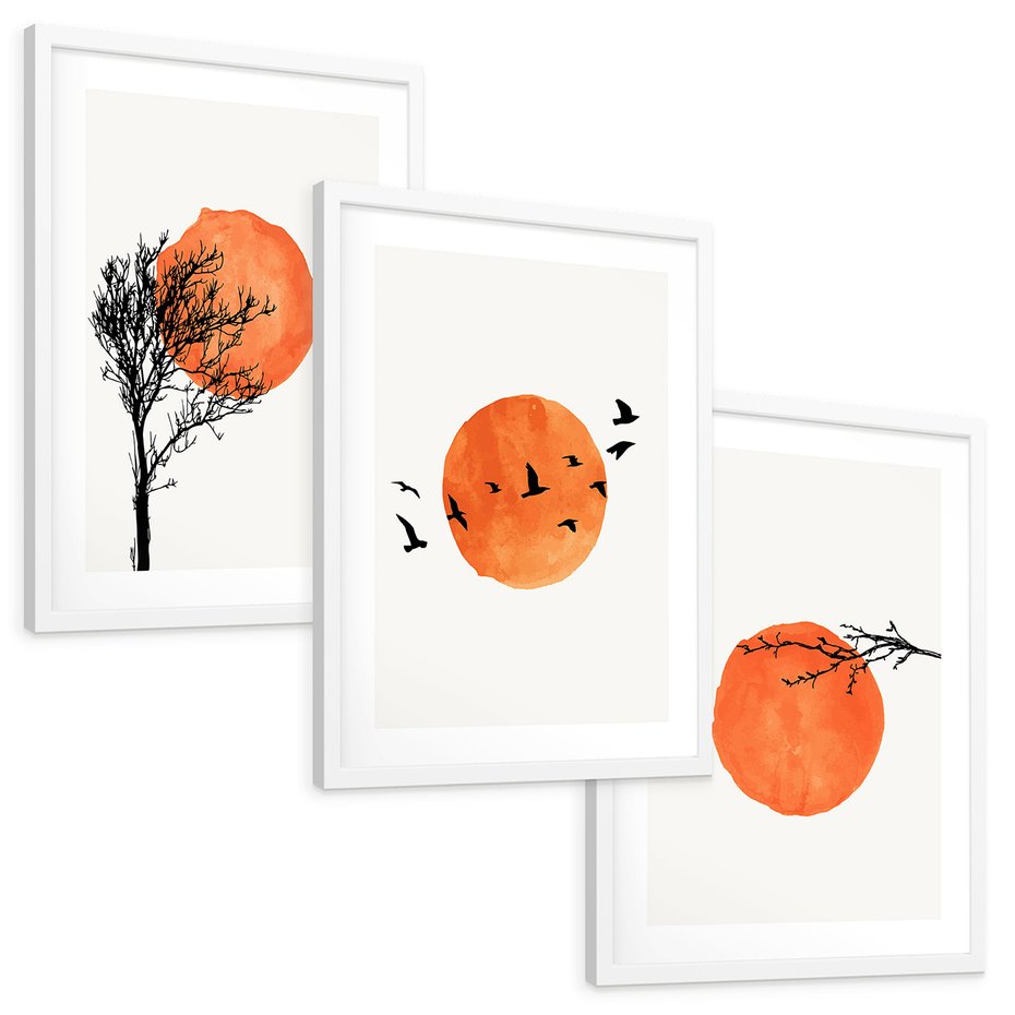 Zestaw obrazy w ramie, plakaty - Słońce, Ptaki, Drzewa - rama biała