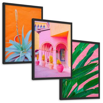 Zestaw obrazy w ramie, plakaty - rośliny, architektura, tropikalne - rama czarna