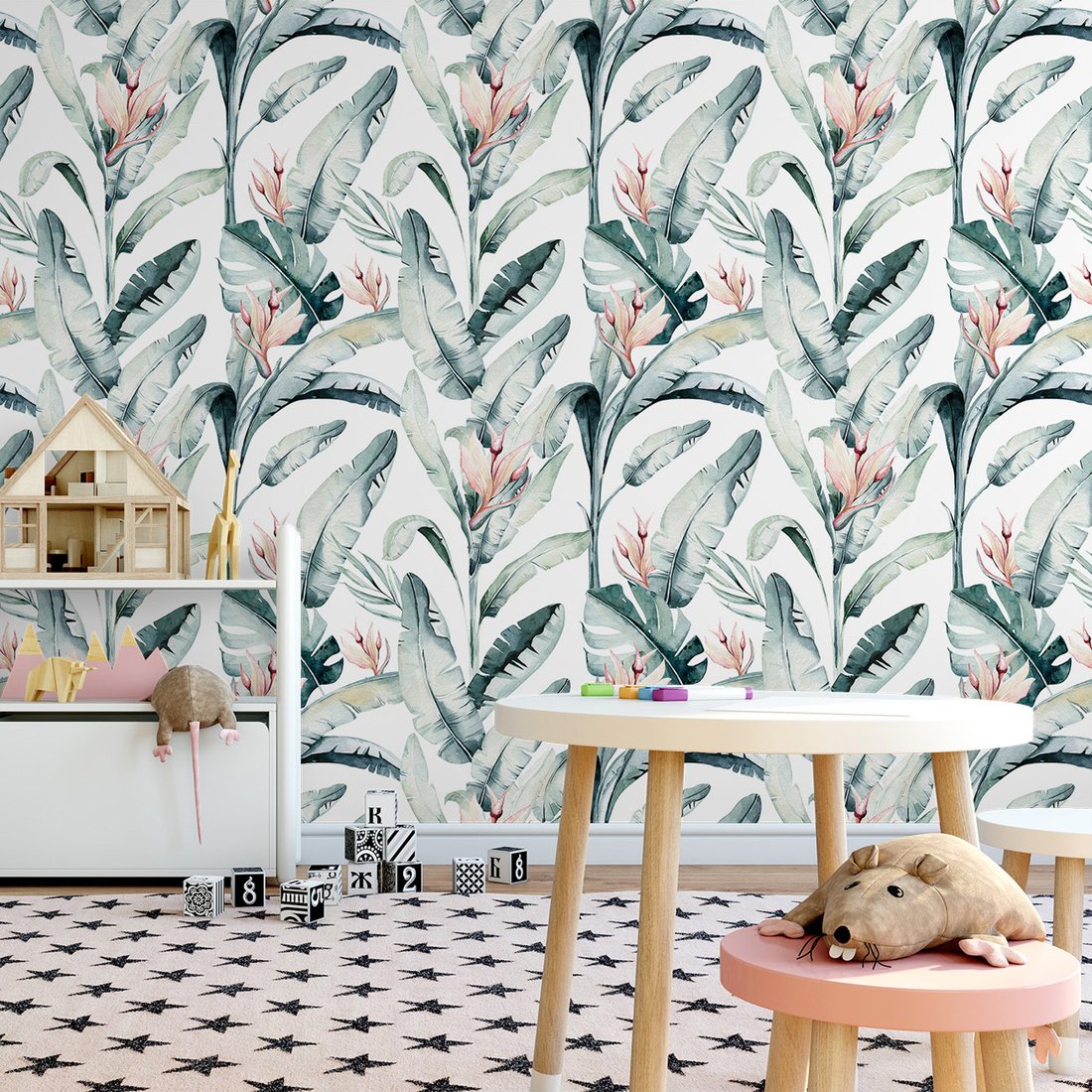 Tapeta - liście, kwiaty, akwarela