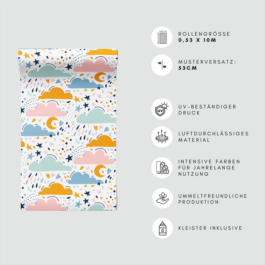 Tapeta - dziecięca, chmury, gwiazdy, księżyc