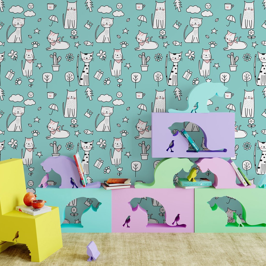 Tapeta - dziecięca, koty, wzór, tło
