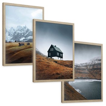 Zestaw obrazy w ramie, plakaty - góry, domy, krajobraz - rama drewno