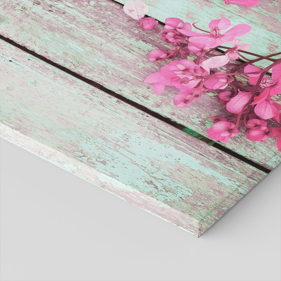 Obraz na płótnie - kwiaty, różowy, drewno