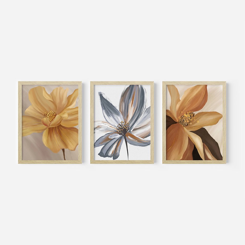 Zestaw obrazy w ramie, plakaty - kwiaty, płatki, dekoracja - rama drewno