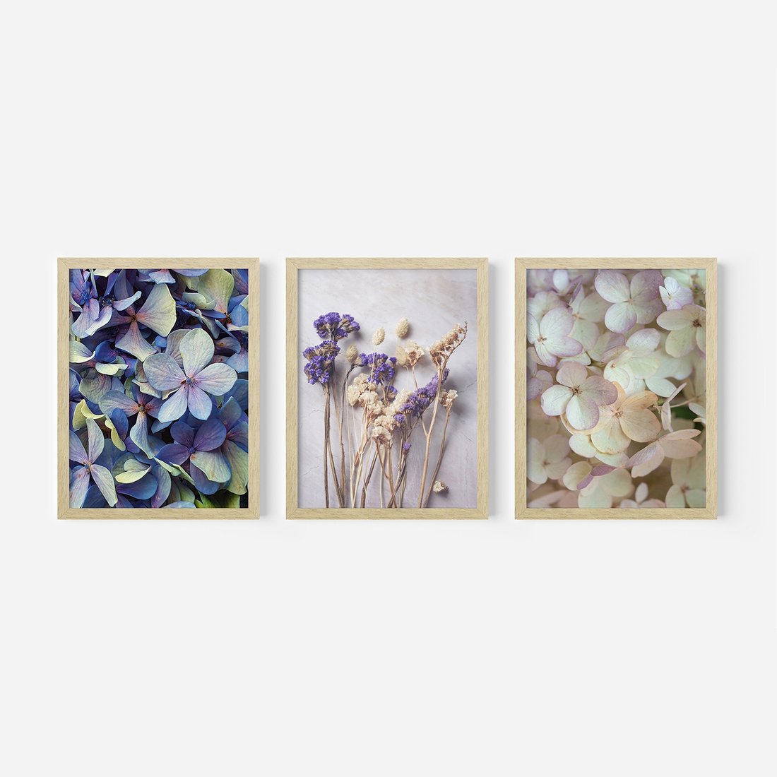 Zestaw obrazy w ramie, plakaty - kwiaty, hortensje, suszone kwiaty - rama drewno