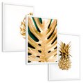 Zestaw obrazy w ramie, plakaty - złoty, liść, ananas - rama biała