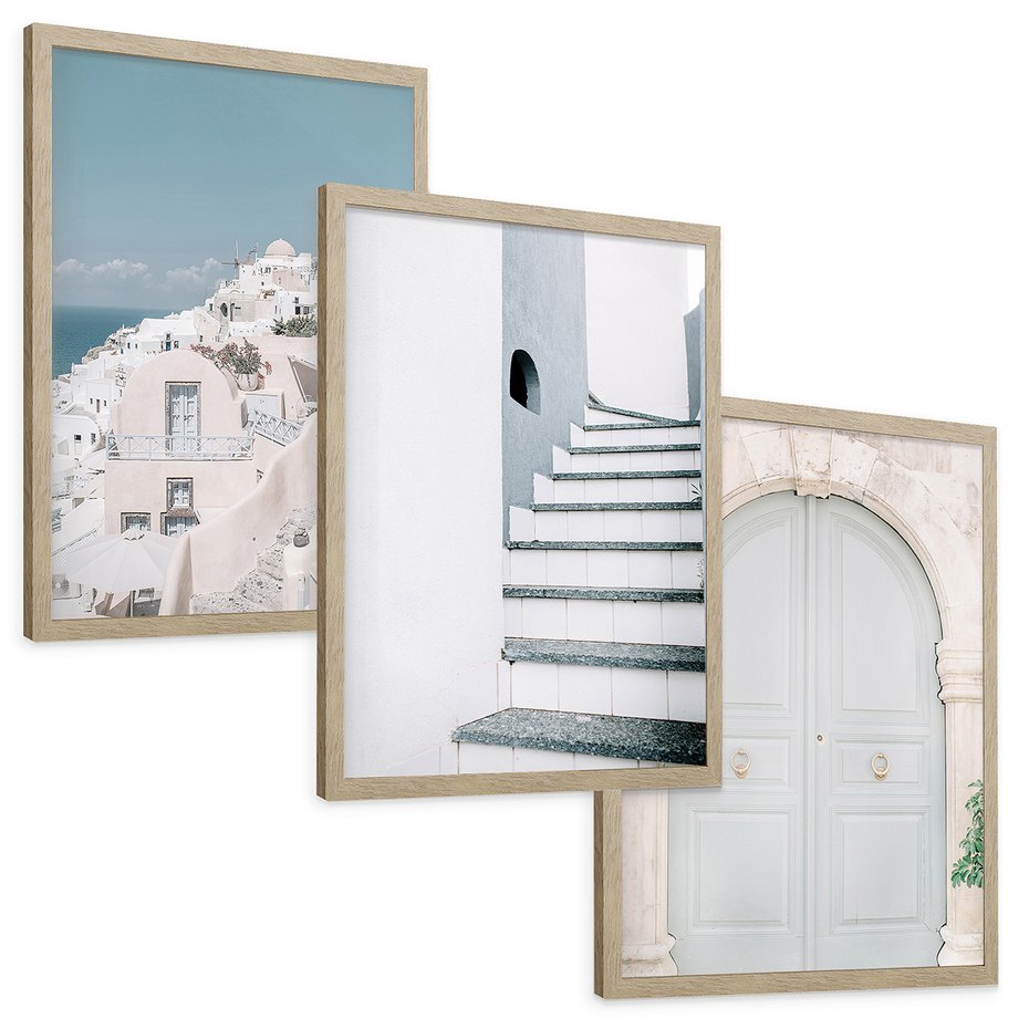 Zestaw obrazy w ramie, plakaty - architektura, pastelowe, śródziemnomorskie - rama drewno