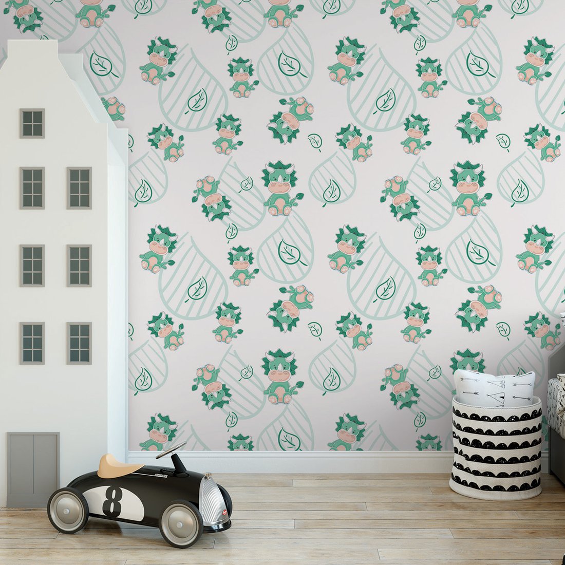 Tapeta - dziecięca, dinozaury, liście, tło