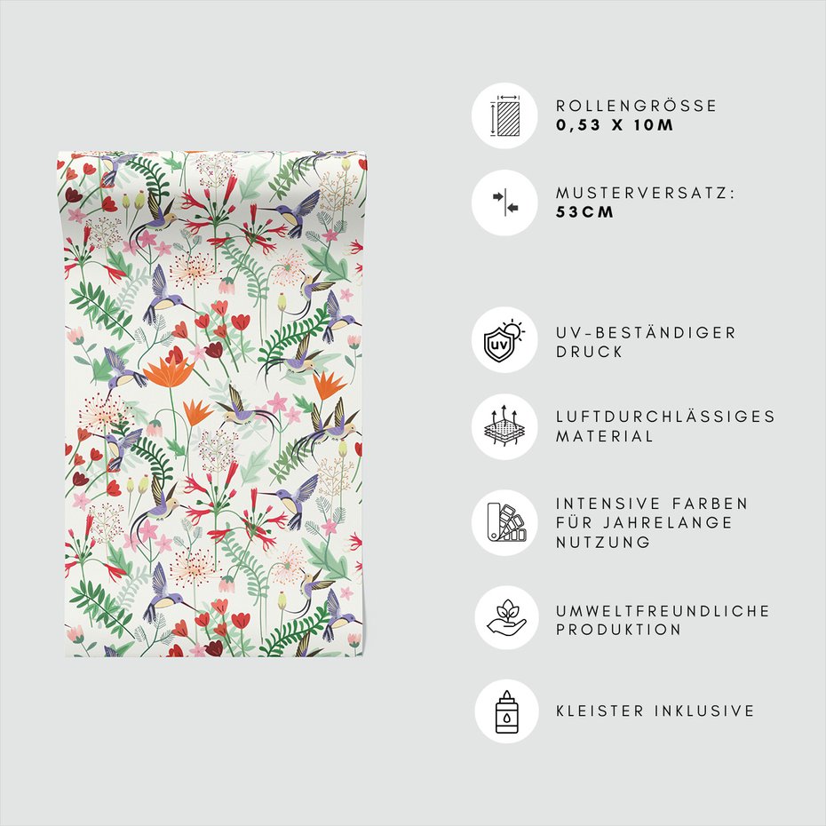 Tapeta - kwiaty, kolibry, liście